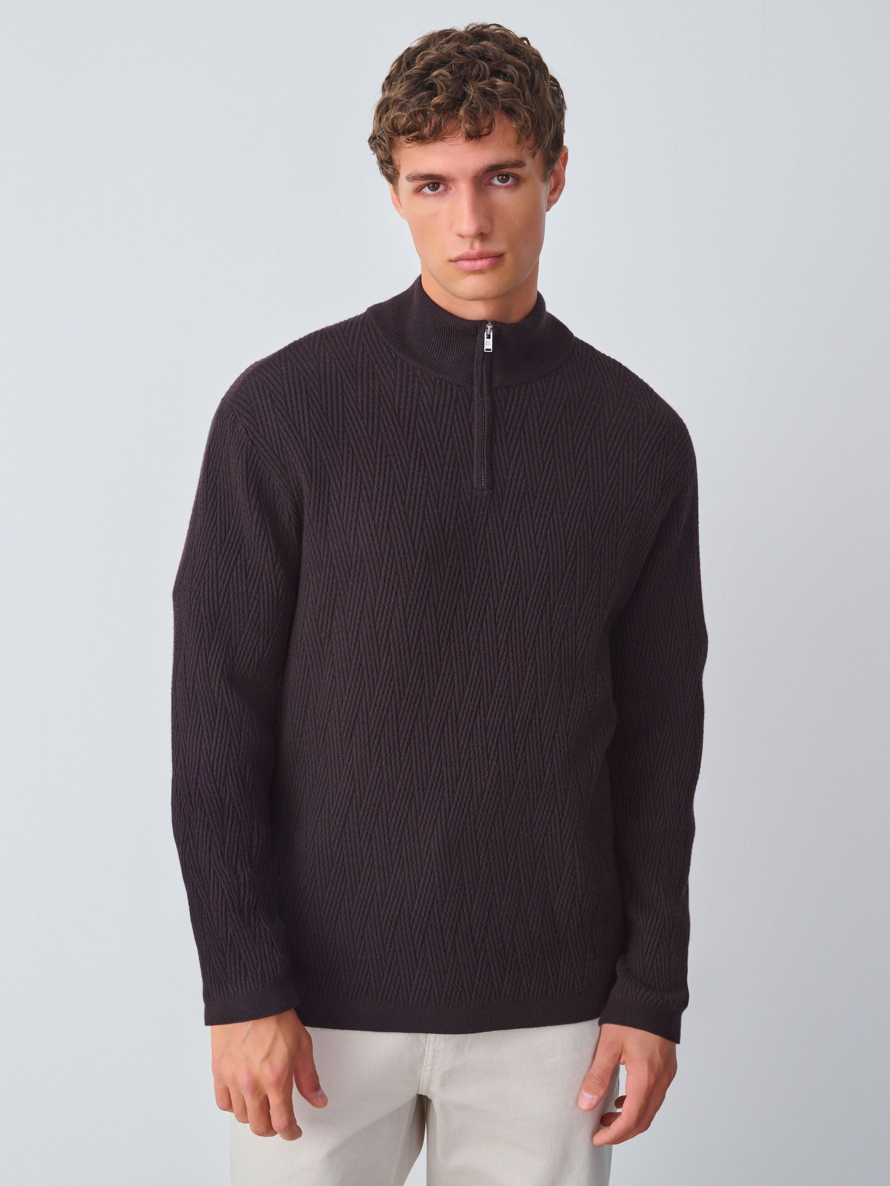 Buy Chocolate Brown Regular Fit Mid Weight Cable Quarter Zip Neck