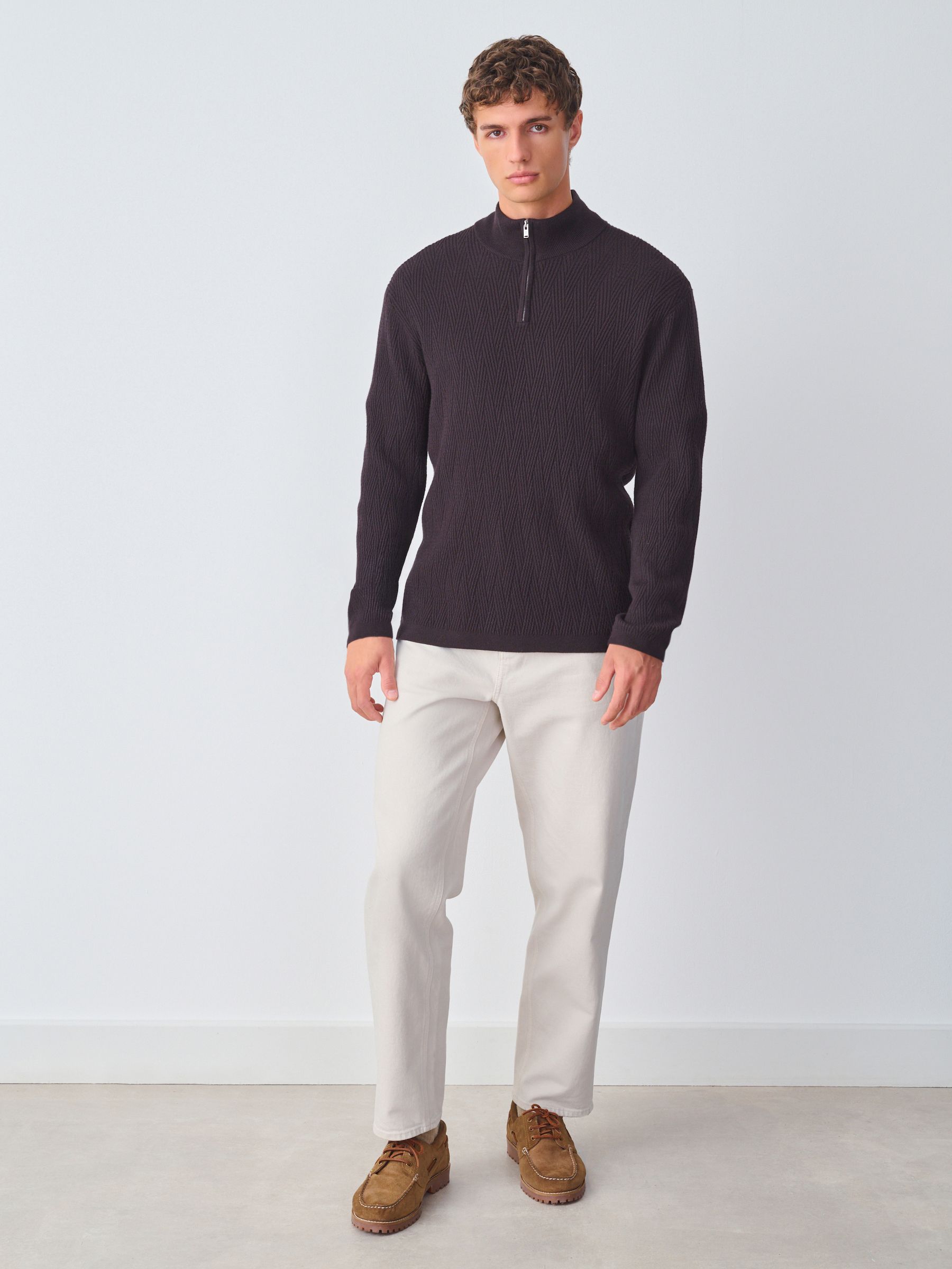 Buy Chocolate Brown Regular Fit Mid Weight Cable Quarter Zip Neck