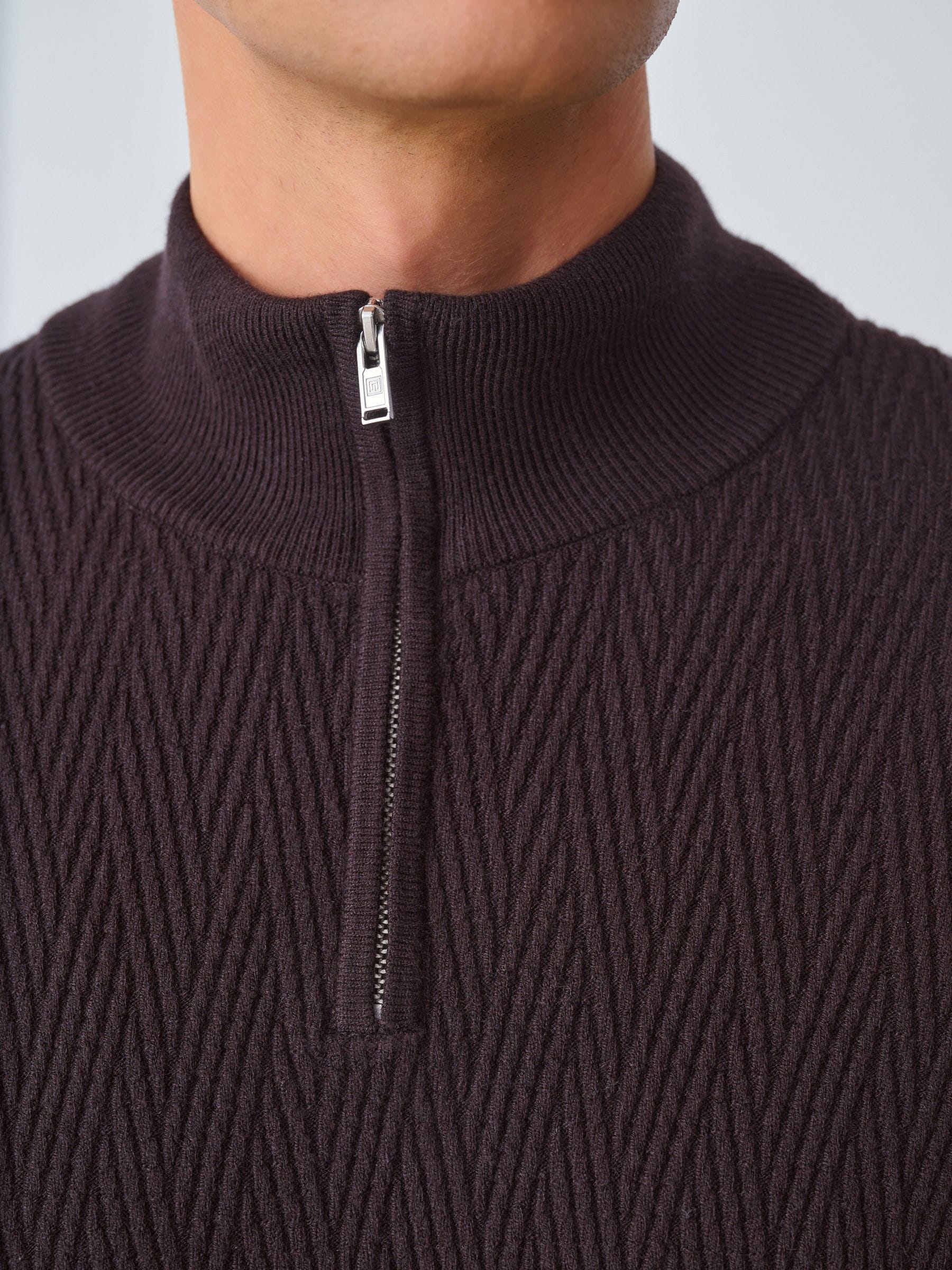 Buy Chocolate Brown Regular Fit Mid Weight Cable Quarter Zip Neck