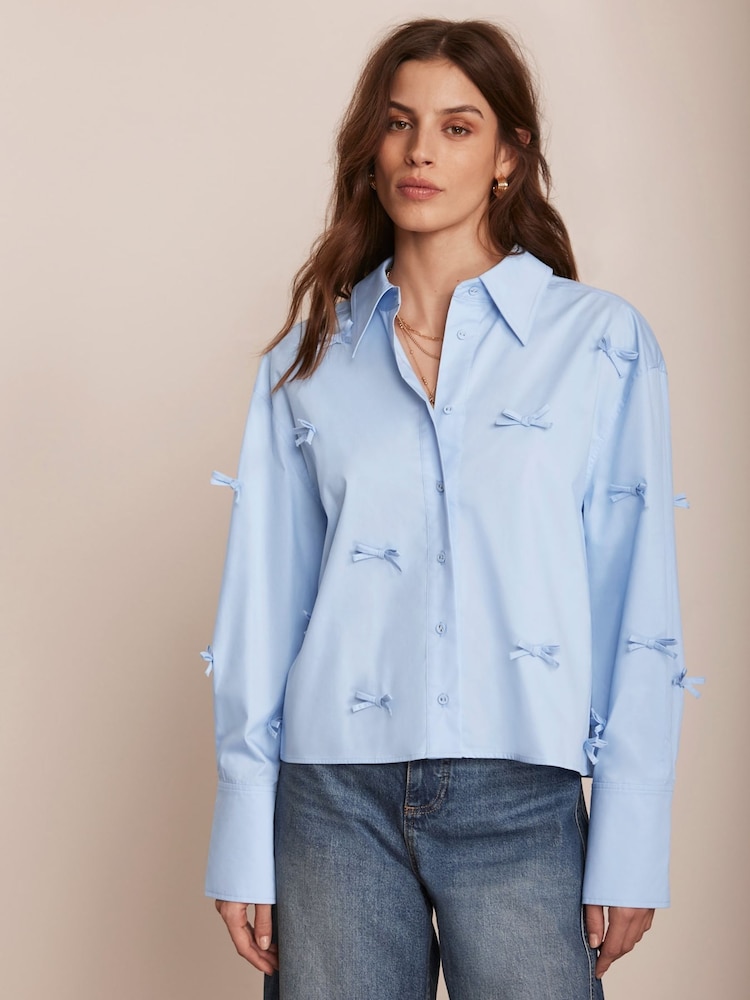 Mint Velvet Blue 100% Cotton Bow Detail Cropped Shirt - Image 1 of 7