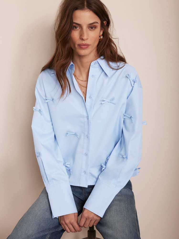 Mint Velvet Blue 100% Cotton Bow Detail Cropped Shirt - Image 2 of 7