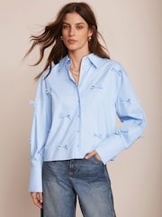 Mint Velvet Blue 100% Cotton Bow Detail Cropped Shirt - Image 4 of 7
