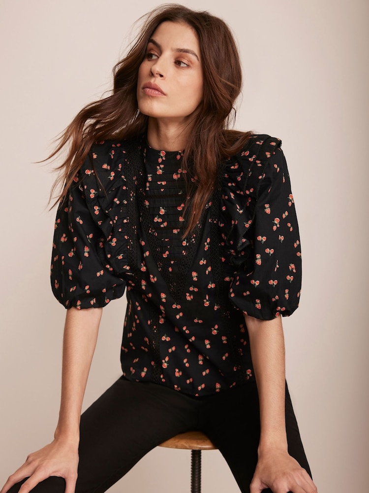 Mint Velvet Black 100% Cotton Strawberry Print Top - Image 3 of 8