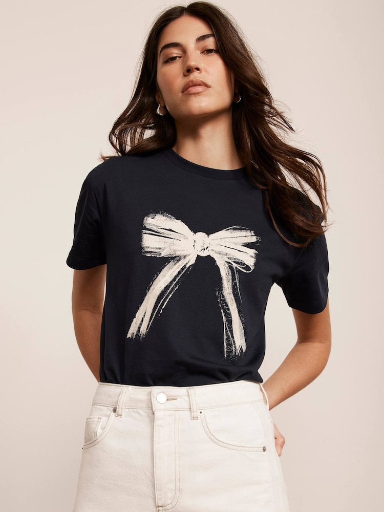 Mint Velvet Blue 100% Cotton Graphic Bow T-Shirt - Image 1 of 7