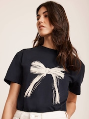 Mint Velvet Blue 100% Cotton Graphic Bow T-Shirt - Image 2 of 7