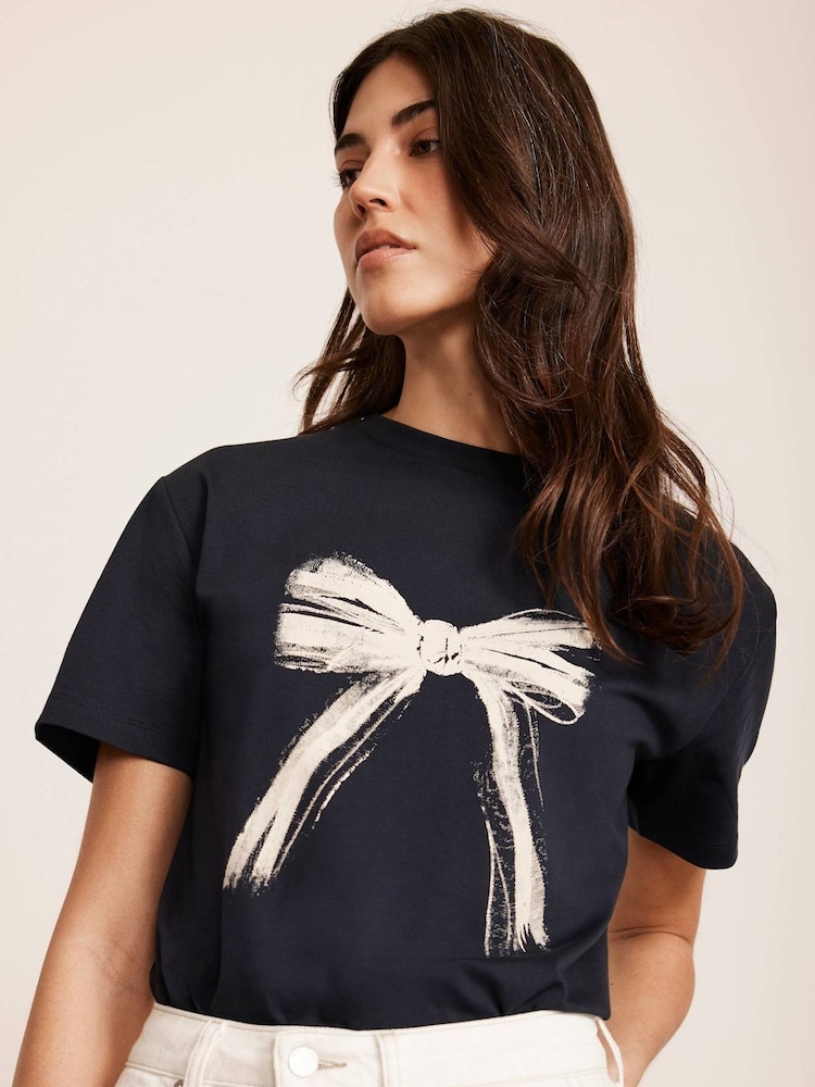Mint Velvet Blue 100% Cotton Graphic Bow T-Shirt - Image 2 of 7 Mint Velvet Blue 100% Cotton Graphic Bow T-Shirt - Image 2 of 7