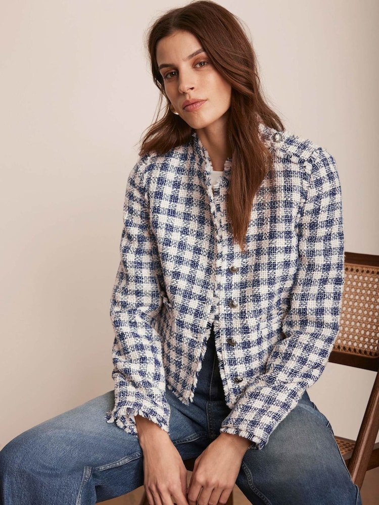 Mint Velvet White Checked Boucle Jacket - Image 1 of 8