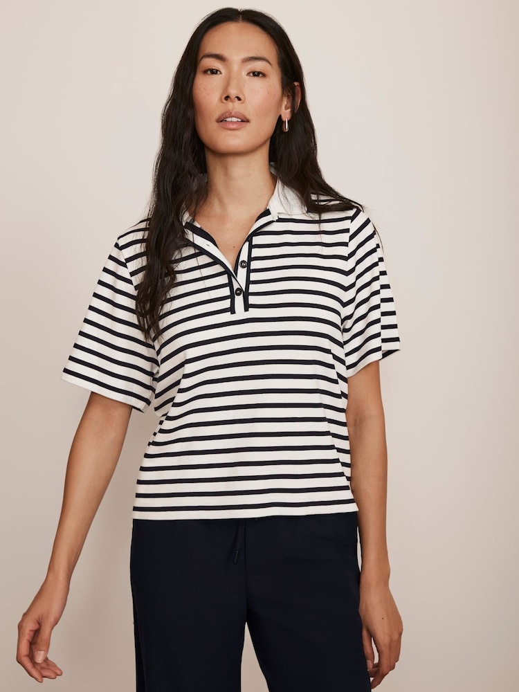 Mint Velvet Blue Striped Polo Top - Image 1 of 8