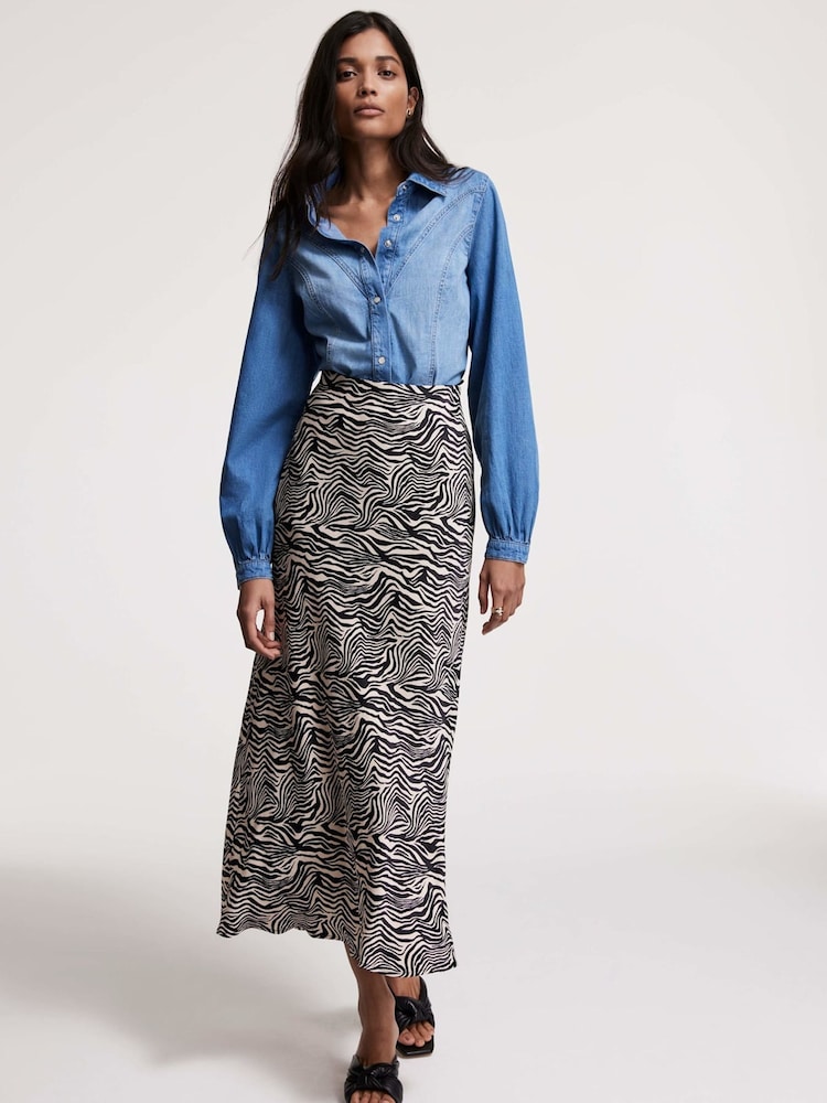Mint Velvet Black Zebra Print Satin Slip Skirt - Image 1 of 7