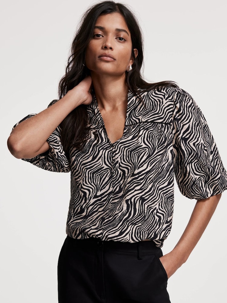 Mint Velvet Black Zebra Print Puff Sleeve Blouse - Image 2 of 7