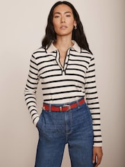 Mint Velvet Cream 100% Cotton Striped Polo Shirt - Image 1 of 7