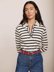 Mint Velvet Cream 100% Cotton Striped Polo Shirt - Image 2 of 7