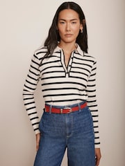 Mint Velvet Cream 100% Cotton Striped Polo Shirt - Image 4 of 7