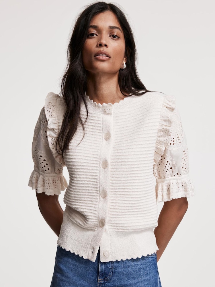 Mint Velvet White Broderie Sleeve Cardigan - Image 2 of 8