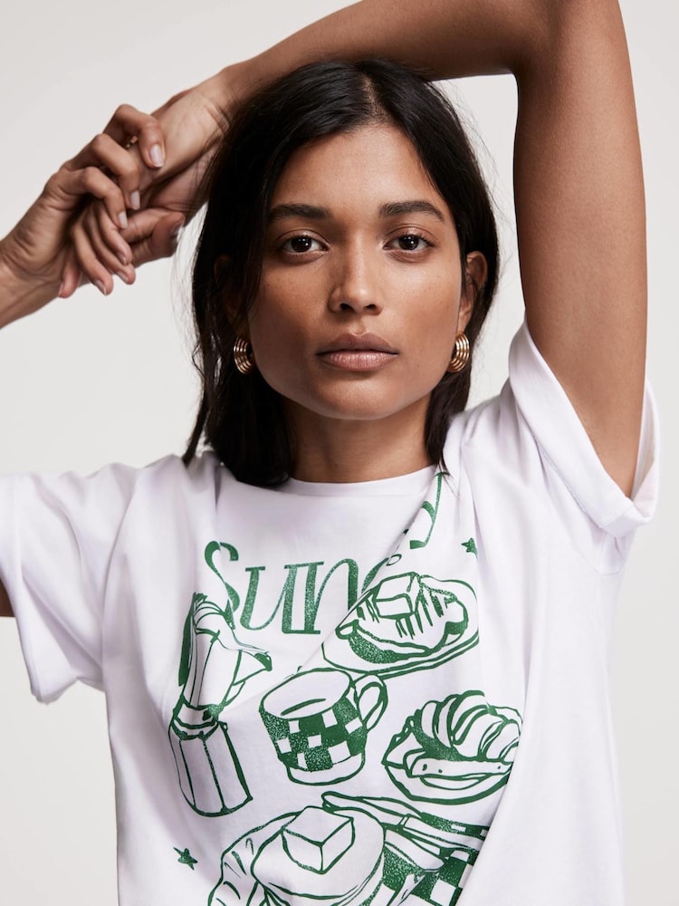 Mint Velvet Cream Oversized 100% Cotton Sunday Coffee Club T-Shirt - Image 2 of 8