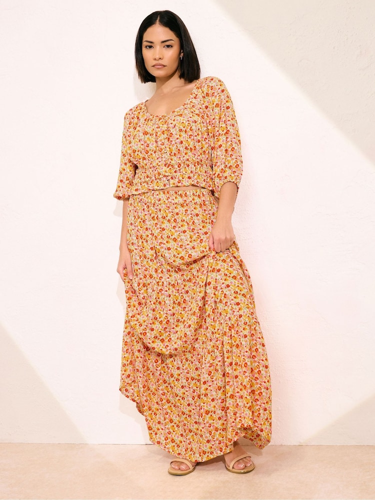 PixieGirl Petite Orange Tiered Maxi 100% Cotton Skirt - Image 1 of 5