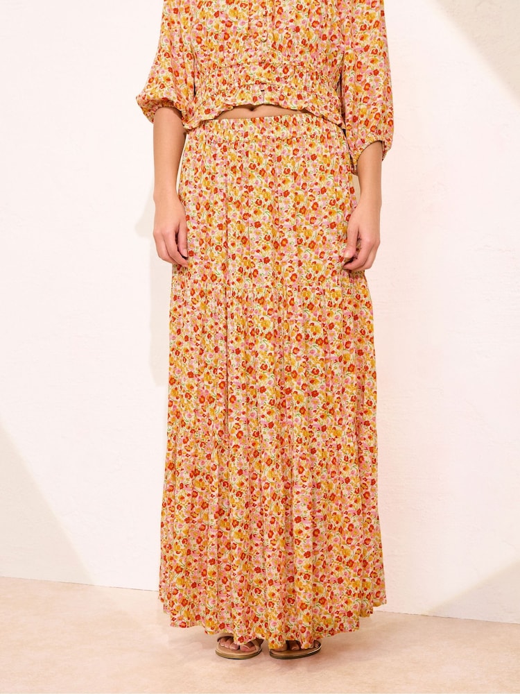 PixieGirl Petite Orange Tiered Maxi 100% Cotton Skirt - Image 2 of 5