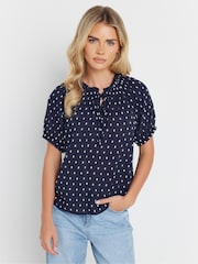 M&Co Blue Petite 100% Cotton Dobby Boho Short Sleeve Top - Image 1 of 4