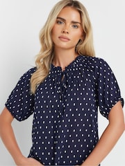 M&Co Blue Petite 100% Cotton Dobby Boho Short Sleeve Top - Image 4 of 4