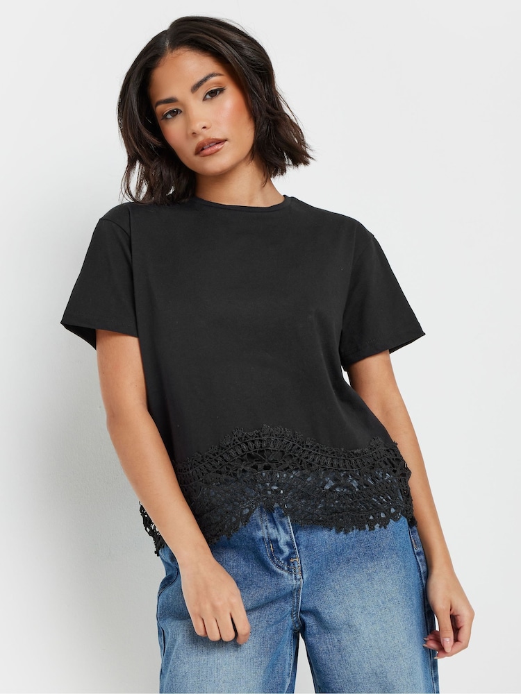 Black - PixieGirl Petite Crochet Hem 100% Cotton T-Shirt - Image 1 of 5