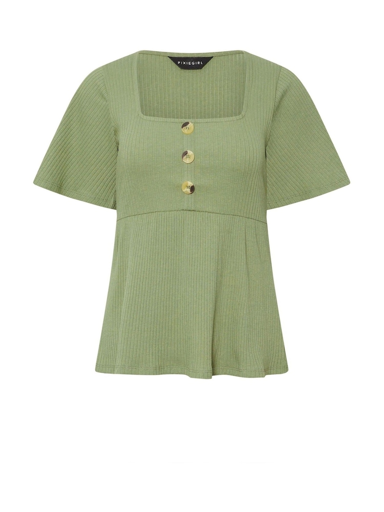 PixieGirl Petite Green Smock Button Ribbed Top - Image 5 of 5