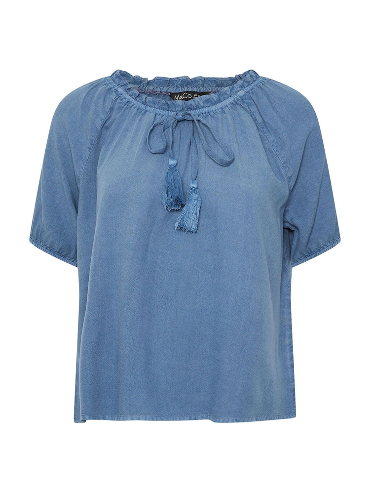 M&Co Blue Petite Acid Wash Boho Top - Image 6 of 6