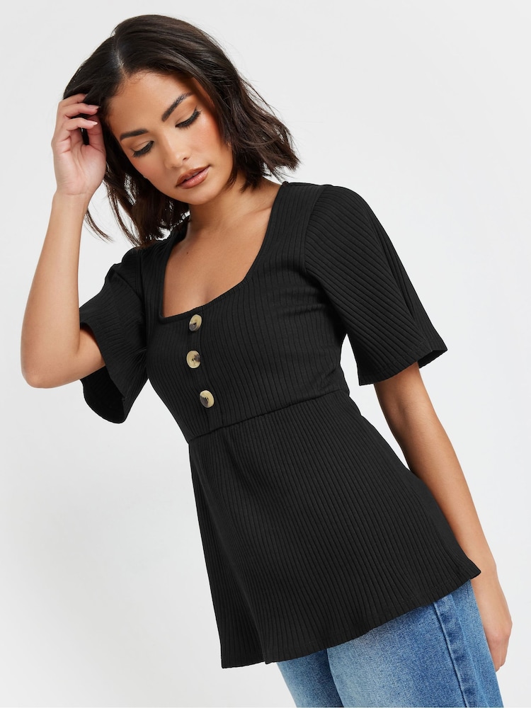 PixieGirl Petite Black Smock Button Ribbed Top - Image 1 of 5