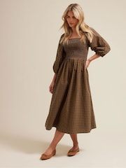 PixieGirl Petite Brown Gingham Puff Sleeve Dress - Image 1 of 6