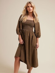 PixieGirl Petite Brown Gingham Puff Sleeve Dress - Image 2 of 6