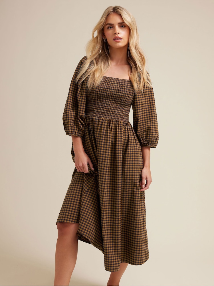 PixieGirl Petite Brown Gingham Puff Sleeve Dress - Image 2 of 6