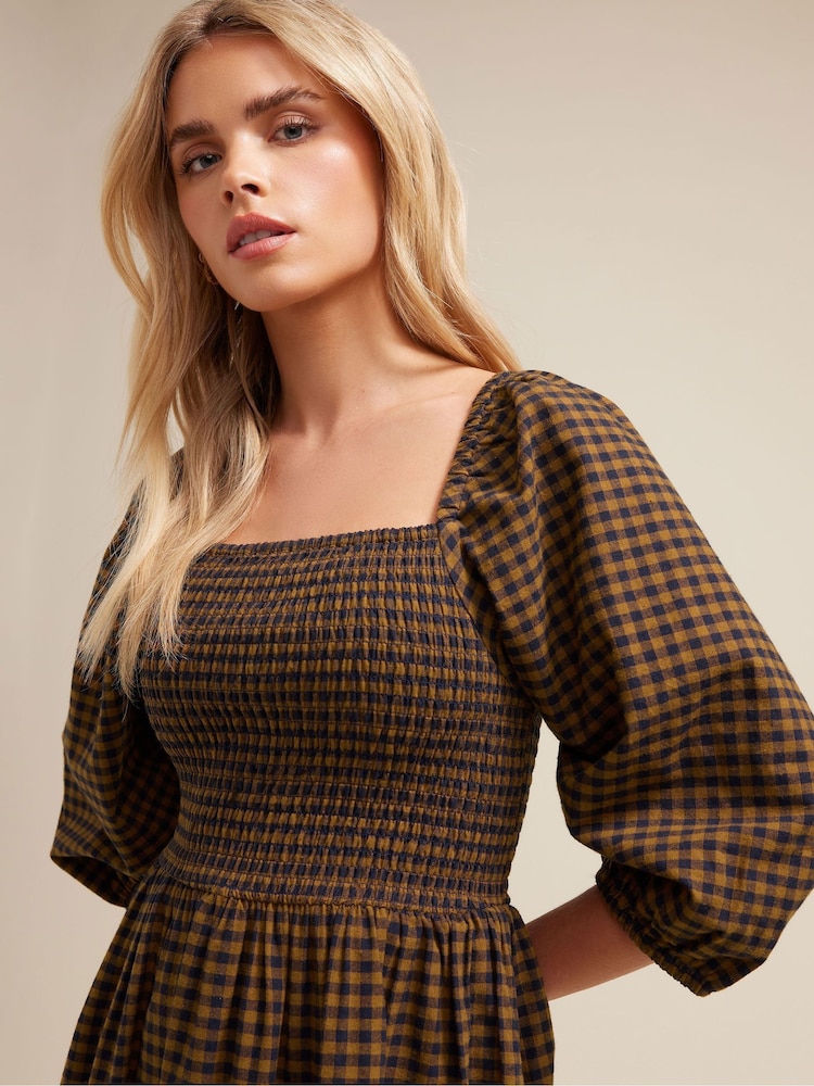 PixieGirl Petite Brown Gingham Puff Sleeve Dress - Image 4 of 6
