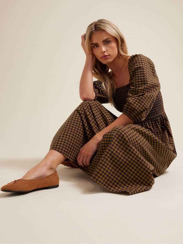 PixieGirl Petite Brown Gingham Puff Sleeve Dress - Image 5 of 6
