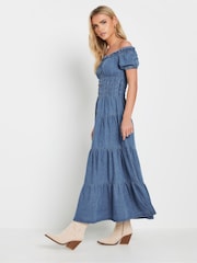 PixieGirl Petite Blue Button Bardot Maxi 100% Cotton Dress - Image 1 of 5