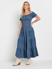 PixieGirl Petite Blue Button Bardot Maxi 100% Cotton Dress - Image 3 of 5