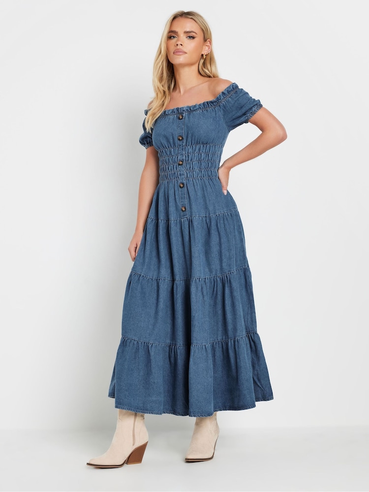 PixieGirl Petite Blue Button Bardot Maxi 100% Cotton Dress - Image 3 of 5