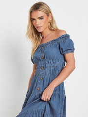 PixieGirl Petite Blue Button Bardot Maxi 100% Cotton Dress - Image 4 of 5
