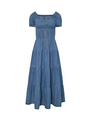 PixieGirl Petite Blue Button Bardot Maxi 100% Cotton Dress - Image 5 of 5