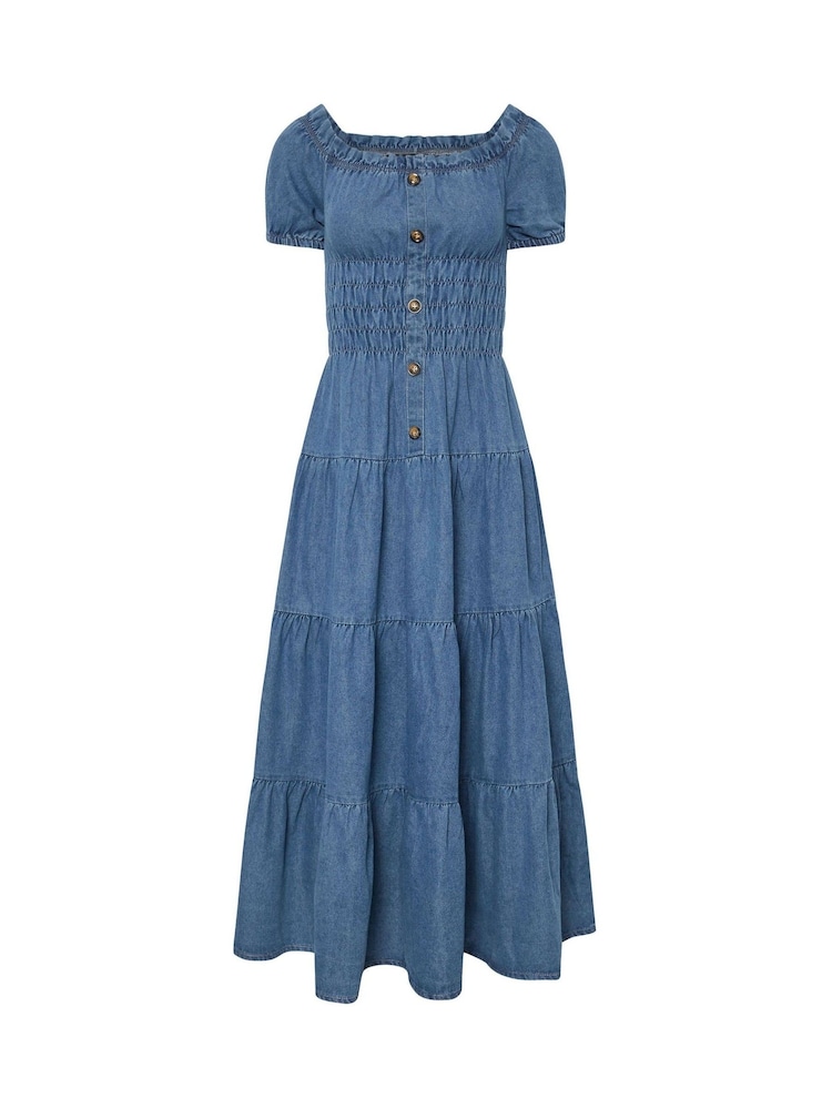PixieGirl Petite Blue Button Bardot Maxi 100% Cotton Dress - Image 5 of 5