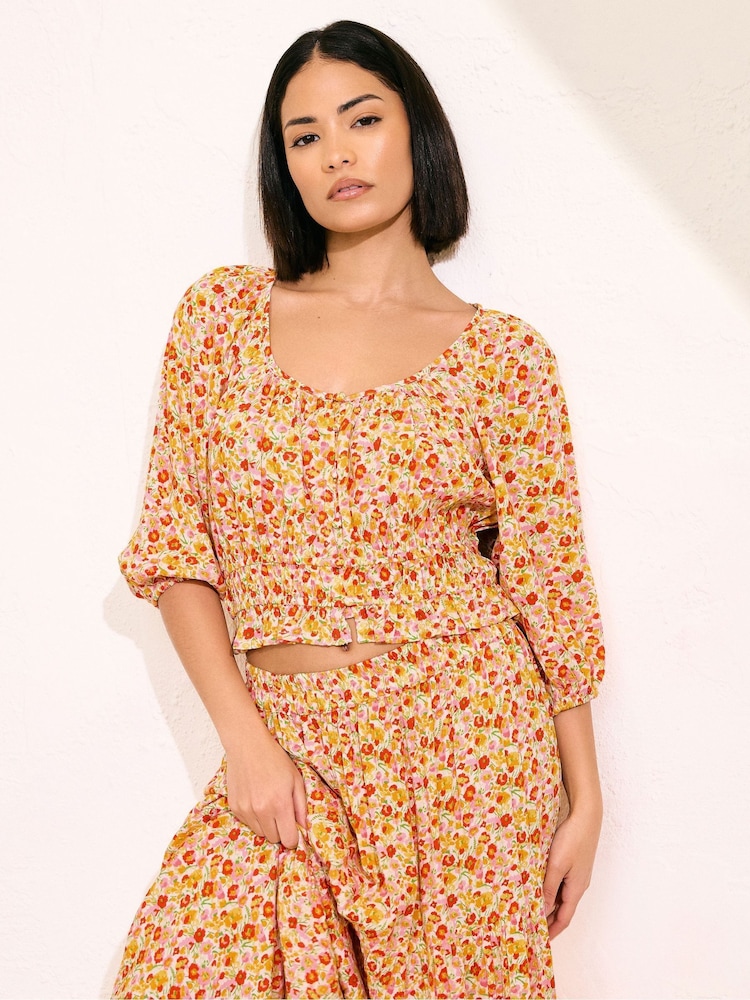 PixieGirl Petite Orange Button Puff 100% Cotton Sleeve Top - Image 1 of 5