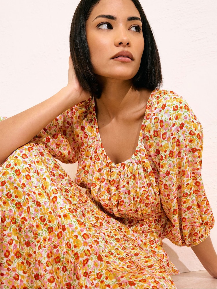 PixieGirl Petite Orange Button Puff 100% Cotton Sleeve Top - Image 4 of 5