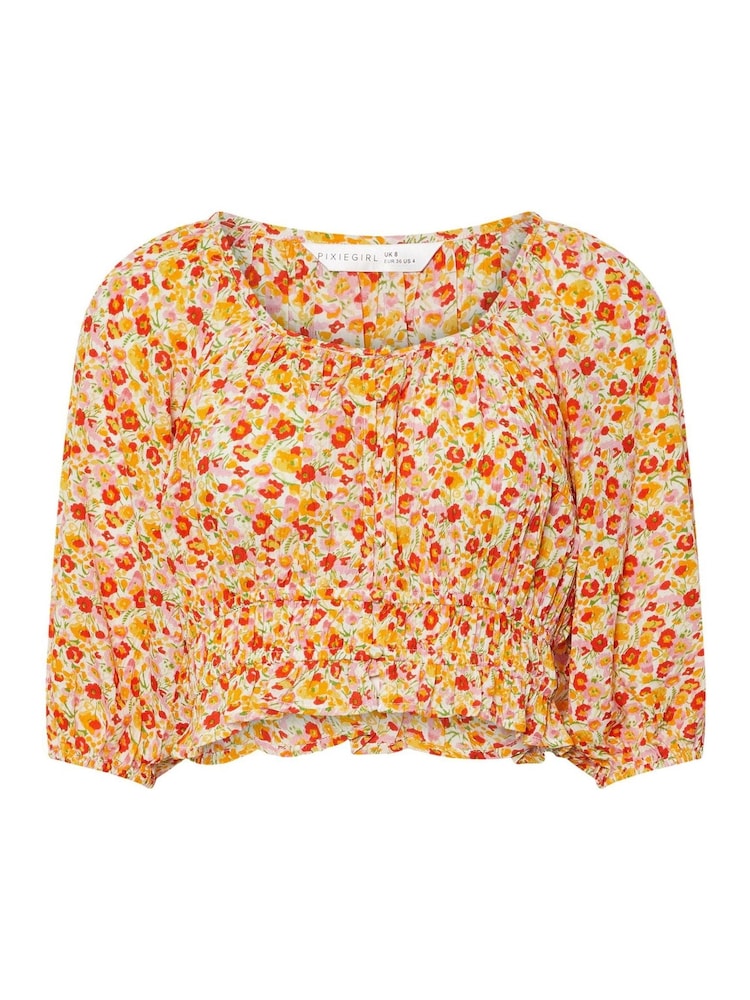 PixieGirl Petite Orange Button Puff 100% Cotton Sleeve Top - Image 5 of 5