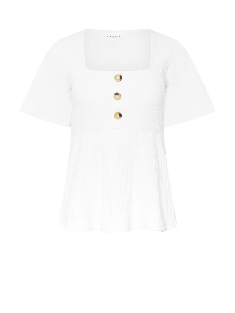 PixieGirl Petite White Smock Button Ribbed Top - Image 5 of 5 PixieGirl Petite White Smock Button Ribbed Top - Image 5 of 5