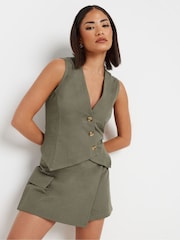 PixieGirl Petite Green Asymetric Button 100% Cotton Waistcoat - Image 1 of 5