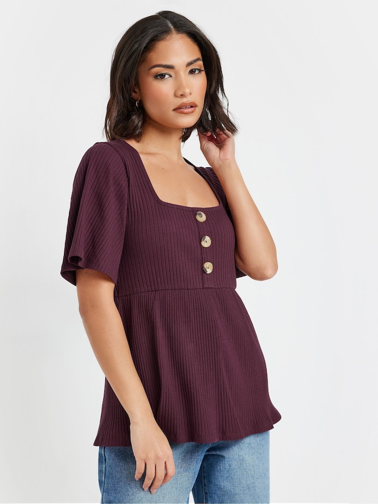 PixieGirl Petite Purple Smock Button Ribbed Top - Image 1 of 5