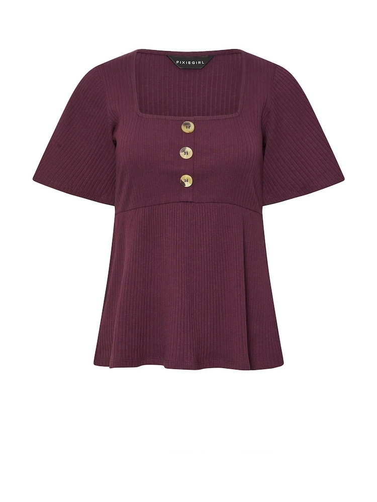 PixieGirl Petite Purple Smock Button Ribbed Top - Image 5 of 5