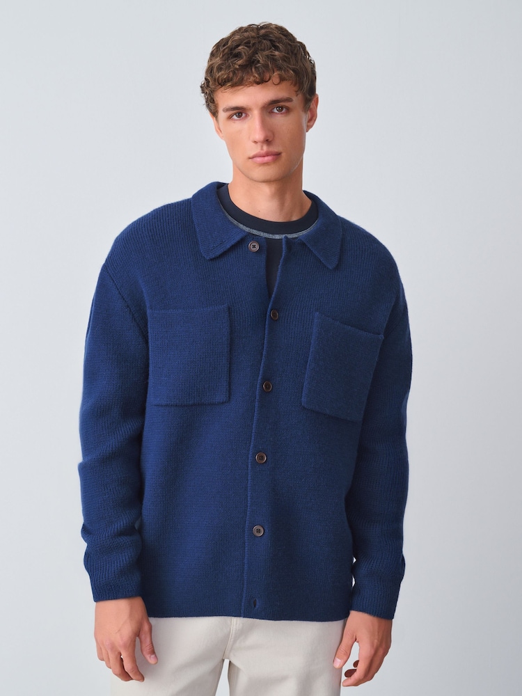 Navy Blue Regular Fit Twin Pocket Collared Cardigan with Wool - Image 1 of 8 Navy Blue Regular Fit Twin Pocket Collared Cardigan with Wool - Image 1 of 8