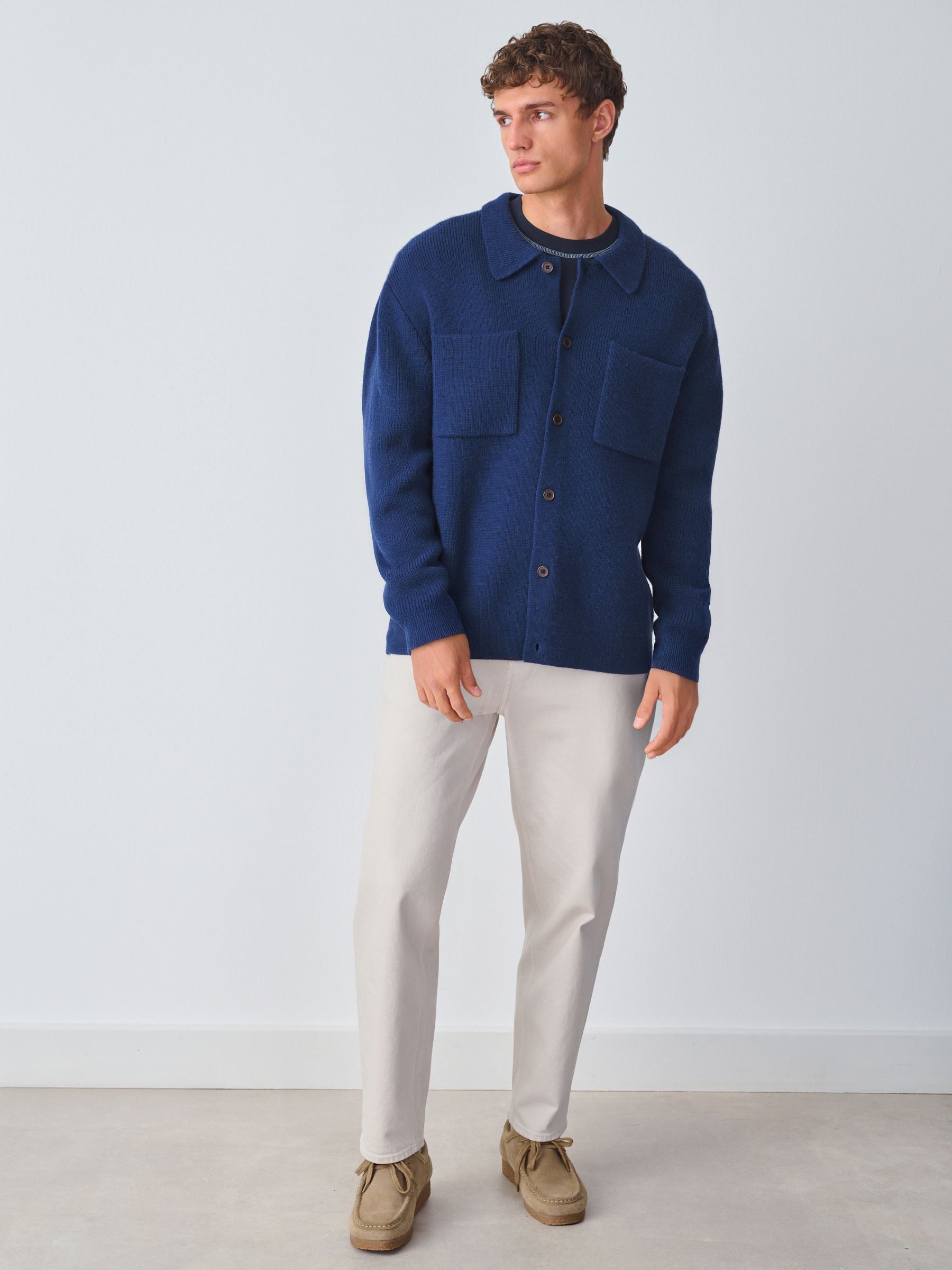 Buy Navy Blue Regular Fit Twin Pocket Collared Cardigan with Wool
