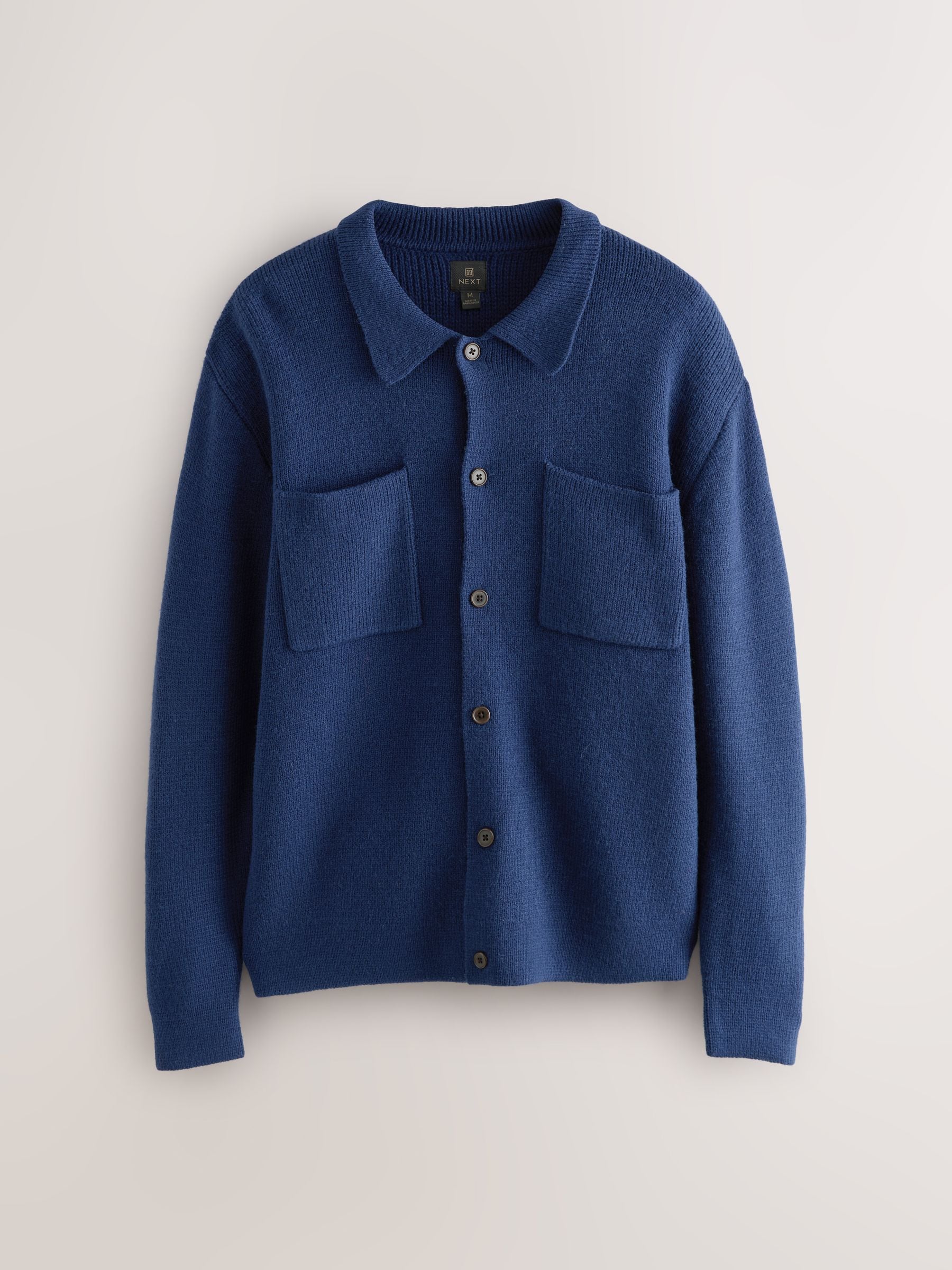 Buy Navy Blue Regular Fit Twin Pocket Collared Cardigan with Wool