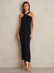 Reiss Navy Eliza Gathered Neck Jersey Midi Dress - Image 1 of 6