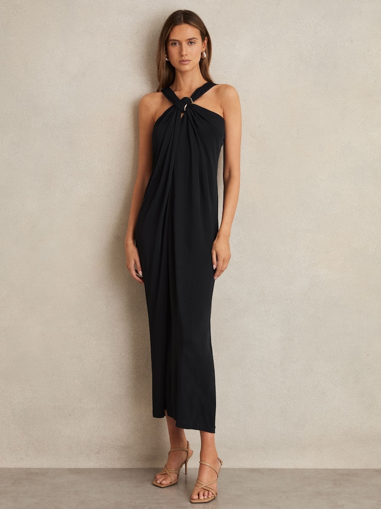Reiss Navy Eliza Gathered Neck Jersey Midi Dress - Image 1 of 6